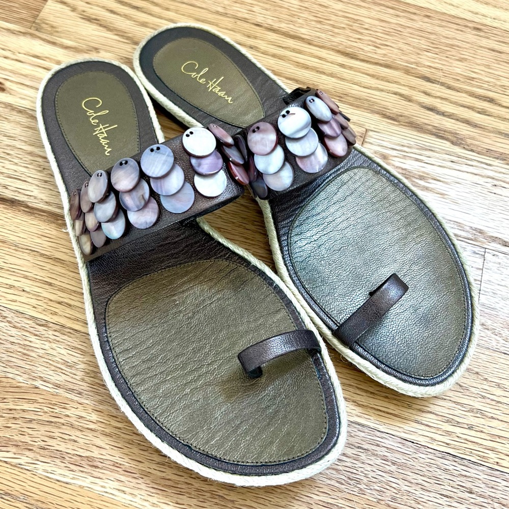 COLE HAAN Dawn Leather Thong Sandal, Metallic Brown, Opalescent Shell Accent 9.5